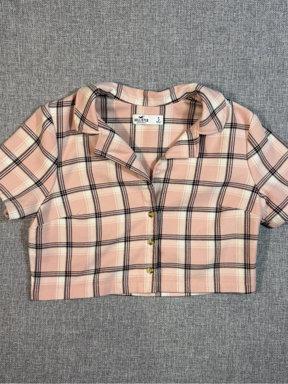 Hollister Pink Black Cream Plaid Cropped Button Shirt